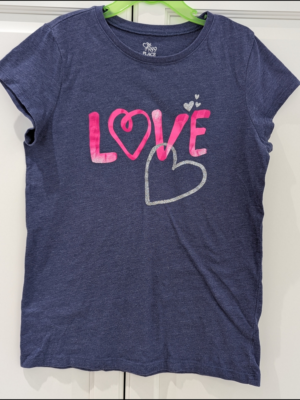 4/$20 The Children’s Place Girls Tee 14 Navy LOVE Graphic Pink Glitter Heart